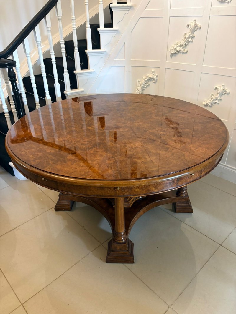 Antique Exceptional Quality Burr Walnut Circular Extending Dining Table Seating 10 with Radial Leaves & Matching Burr Walnut Leaf Holder - Image 24